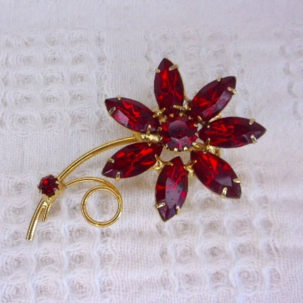 Red Marquise Rhinestone Stemmed Flower Brooch Pin